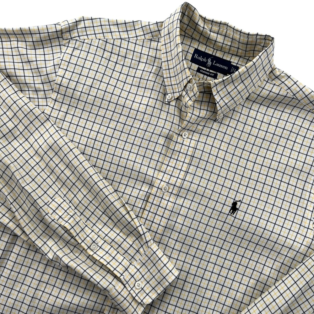 Ralph Lauren Button Down Shirt Men L Yellow Windowpane Plaid Classic Fit Preppy
